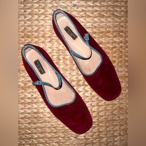 Kate Spade Velvet Burgundy Mary Jane with Teal Trim Size 7.5